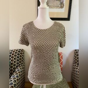 Oscar De La Renta Authentic Elegant Silver Sequin Round Scoop Neck Blouse, Med